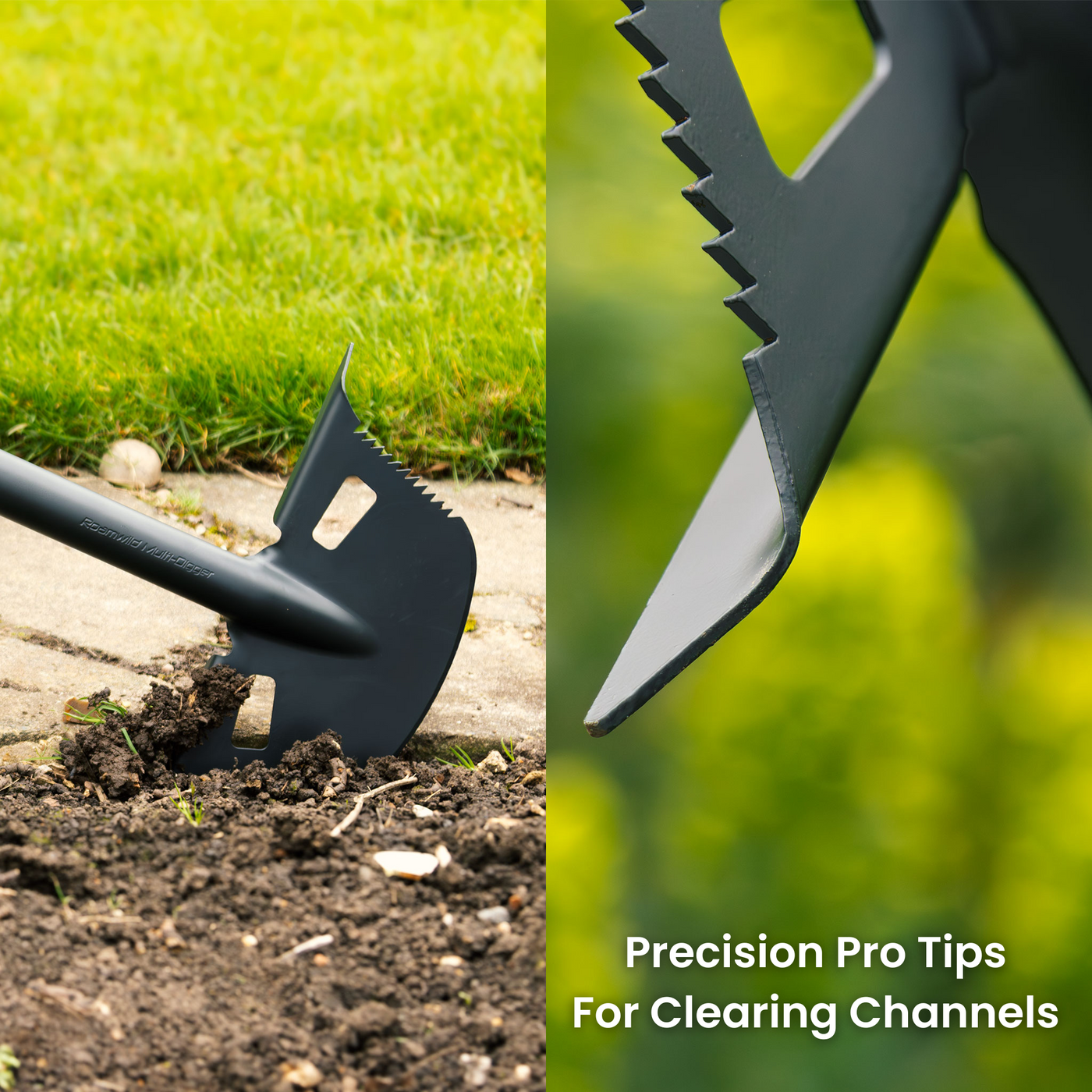 Built-in root cutter on the Roamwild Multi-Digger Edger slicing through roots and twigs