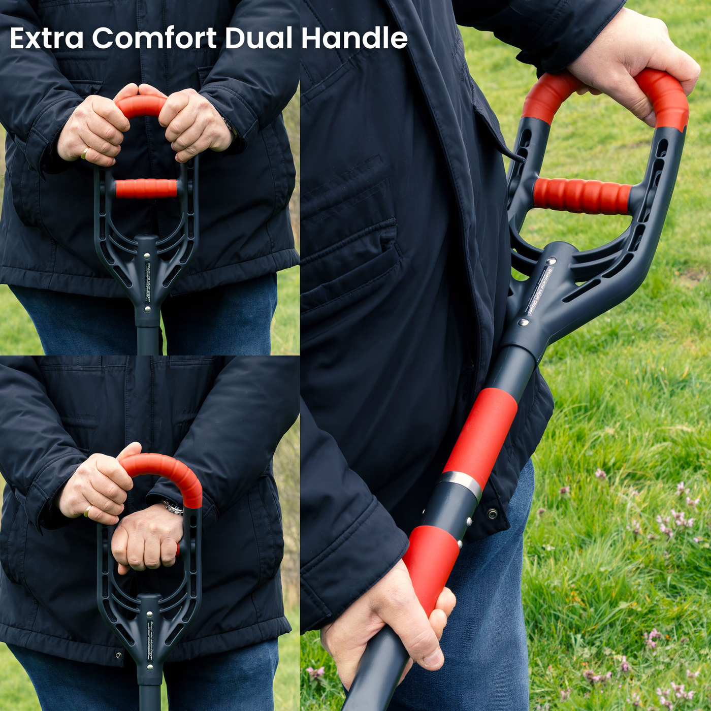 Ergonomic double-grip handle design on the Roamwild Multi-Digger Edger for comfortable use