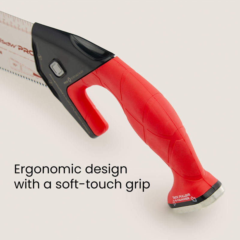 Pull saw ergonomic soft-touch grip with tack hammer end