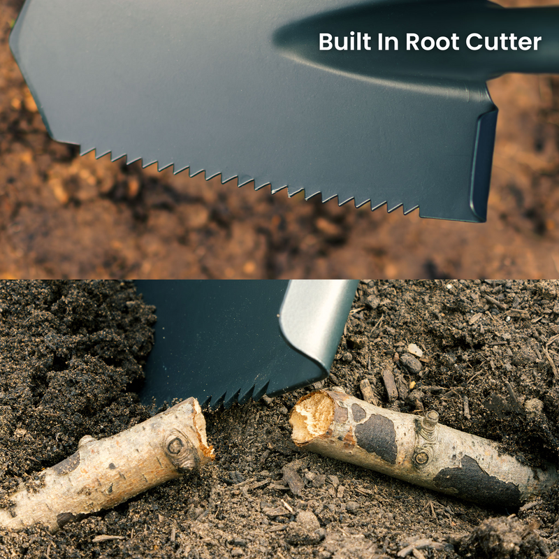 Built-in RootSaw root cutter on the Multi-Digger Spade slicing through roots