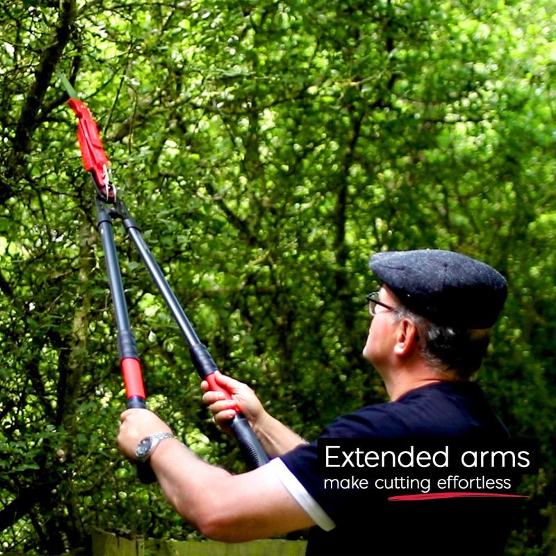 Gardener reaching high branches with the extended Multi-Cutter 3-in-1