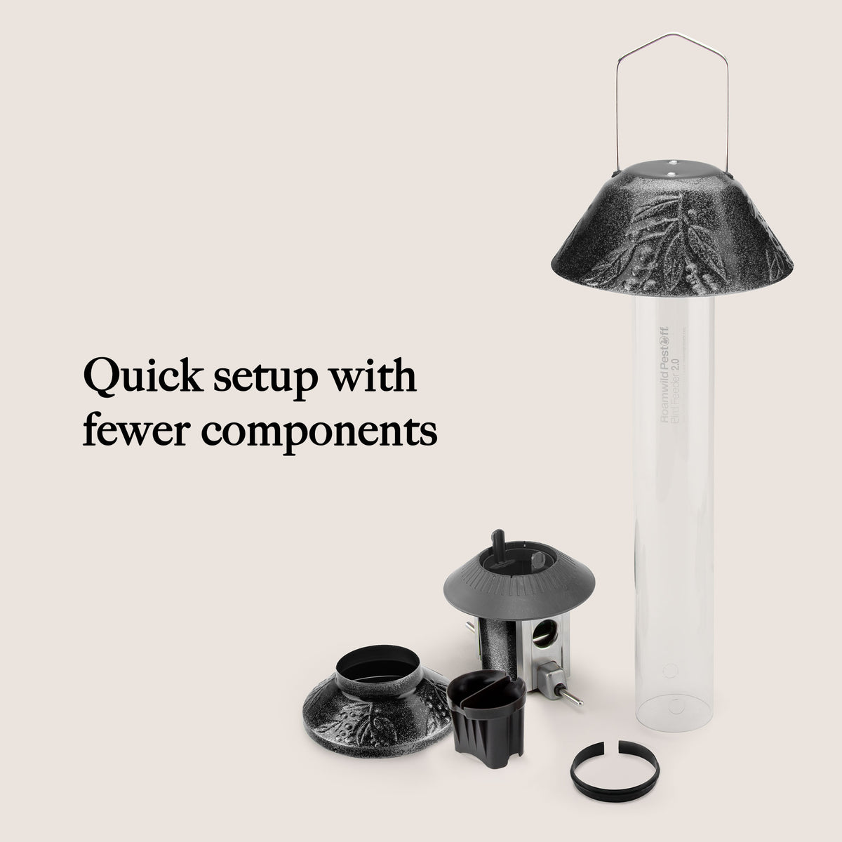 Roamwild PestOff Squirrel Proof Bird Feeder 2.0: component parts laid out
