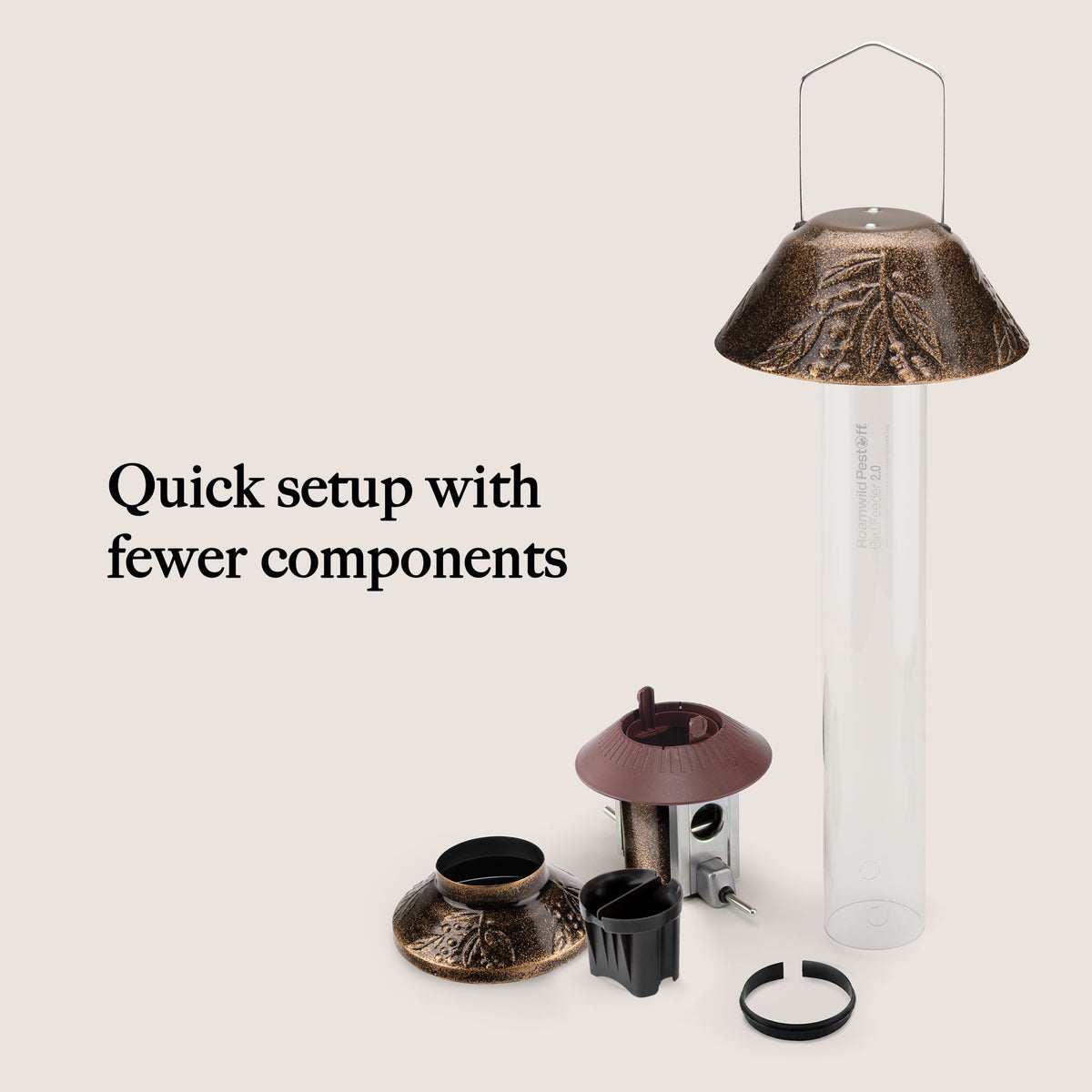 Roamwild PestOff Squirrel Proof Bird Feeder 2.0: component parts laid out