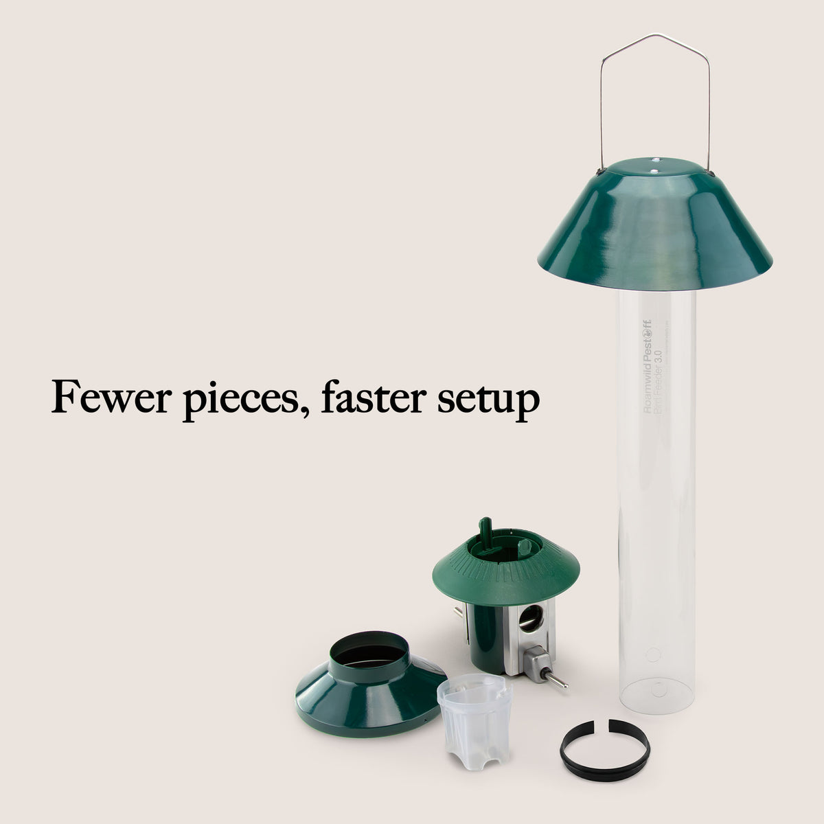 Roamwild PestOff Squirrel Proof Bird Feeder 2.0: component parts laid out