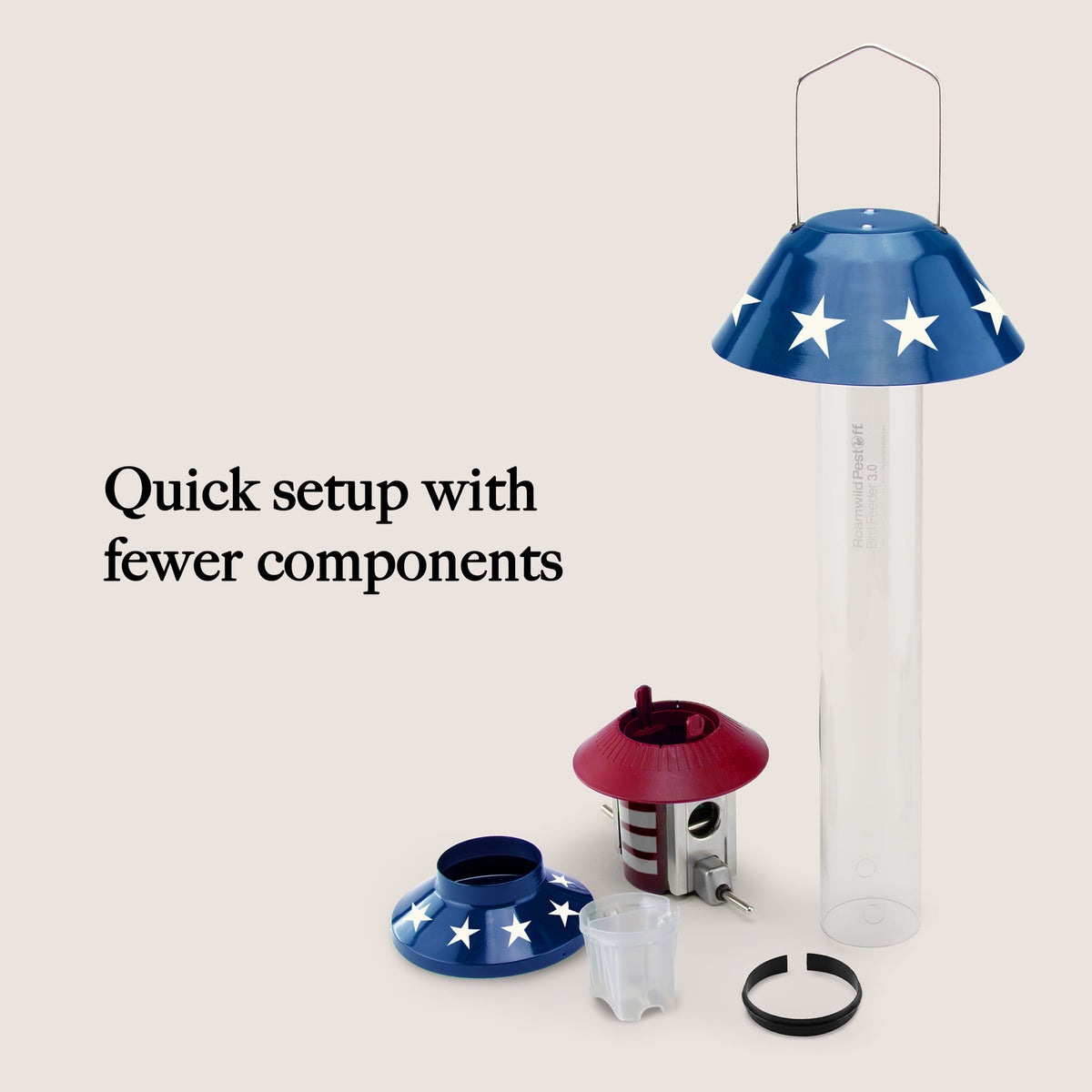 Roamwild PestOff Squirrel Proof Bird Feeder 2.0: component parts laid out
