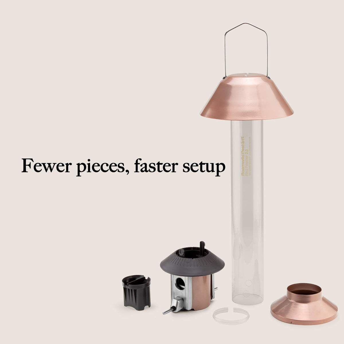 Roamwild PestOff Squirrel Proof Bird Feeder 2.0: component parts laid out